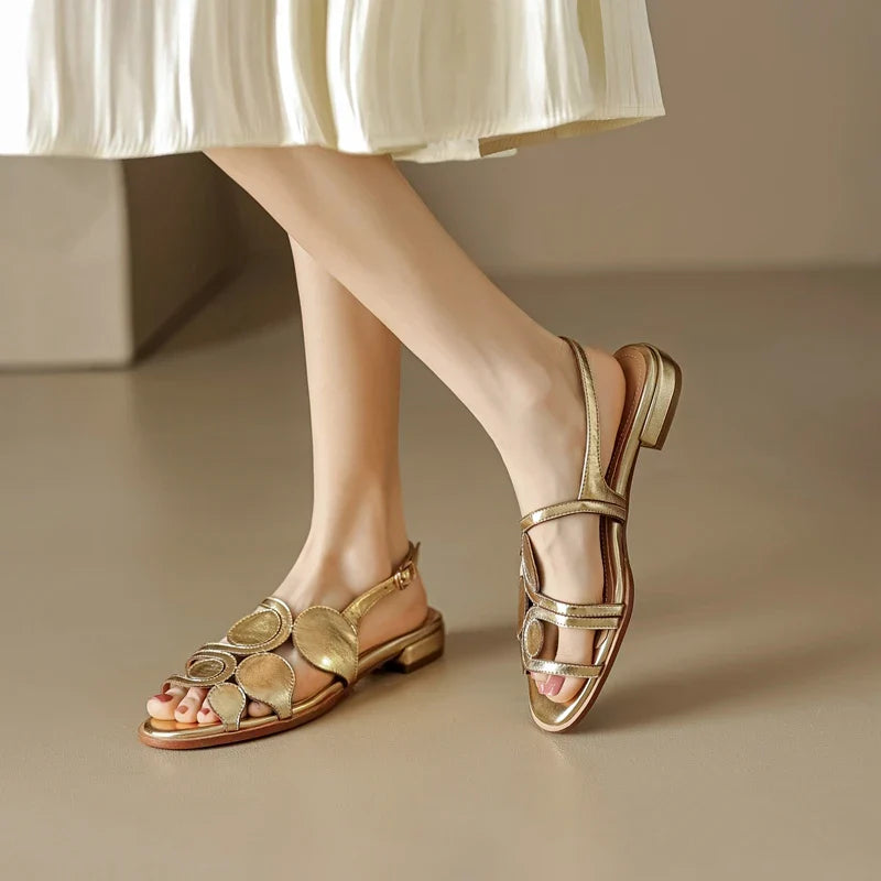 Women's New Round Head Spring/Summer Genuine Leather Sheepskin Spliced Low Heel Large Size Elastic Open Toe Sandals