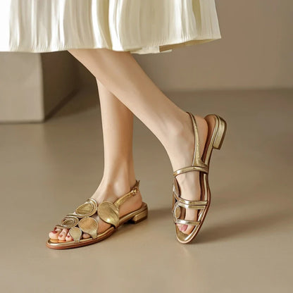 Women's New Round Head Spring/Summer Genuine Leather Sheepskin Spliced Low Heel Large Size Elastic Open Toe Sandals