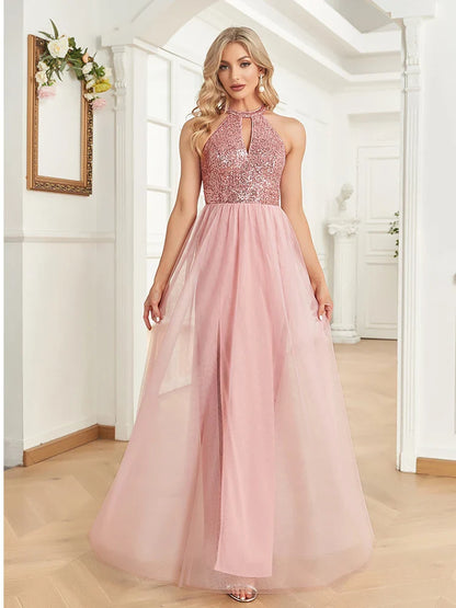 Elegant Sequins Evening Dress For Women 2025 Deep V-neck Tulle Prom Wedding Party Pink Floor Length Cocktail Gowns