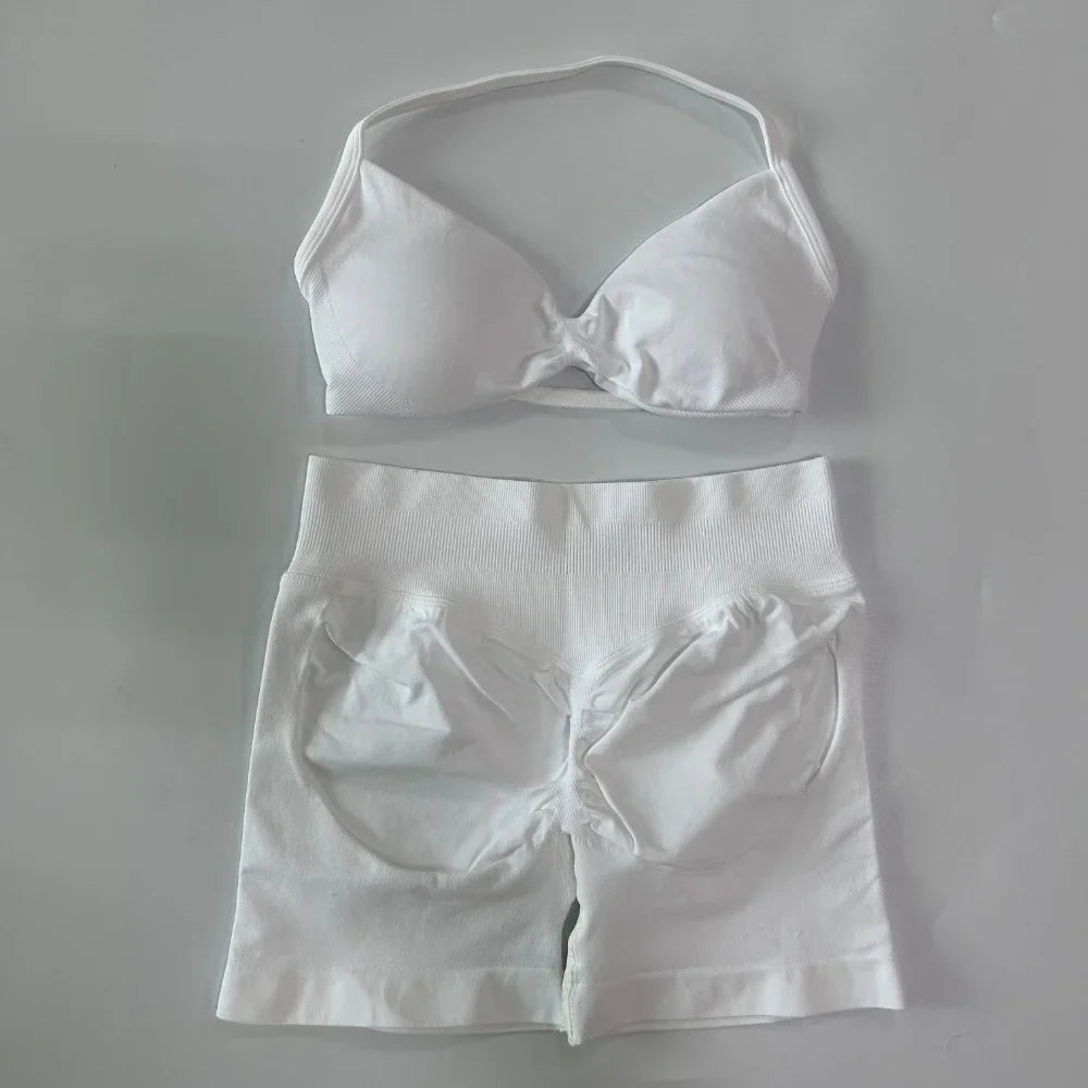 NO LOGO 2PCS Gym Set Women Strappy Yoga Bra Top High Waist Workout Scrunch Shorts Sports Suit Seamless Yoga Set Fitness Clothes