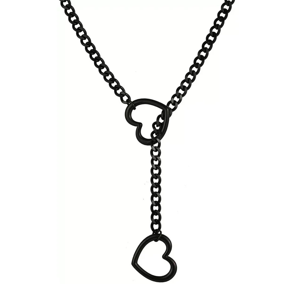 Adjustable Stainless Steel Cuban Link Necklace Hollow Heart Y-Shaped Necklace Punk Rock Style Party Accessories
