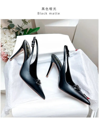 Thin heeled Baotou sandals for women's summer 2026 new style, pointed back strap, metal buckle, versatile high-heeled sandals