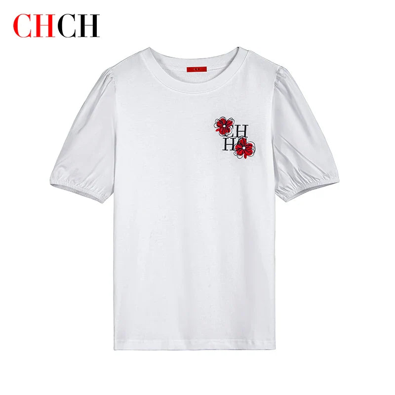 Women's T-Shirt Summer Luxury  New Embroidery Letter Lantern Sleeve T-Shirt White Basic Cotton T-Shirt Women's Top T-Shirt