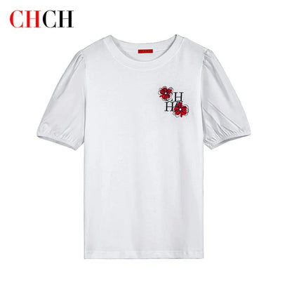 Women's T-Shirt Summer Luxury  New Embroidery Letter Lantern Sleeve T-Shirt White Basic Cotton T-Shirt Women's Top T-Shirt