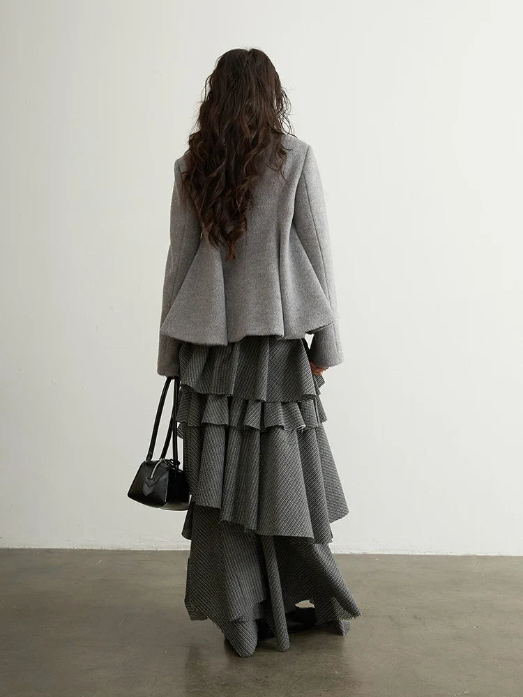 Spring Autumn Grey Striped Ruffled Asymmetrical Tiered Skirt Women Long Elegant Chic Luxury Designer Clothes Fashion