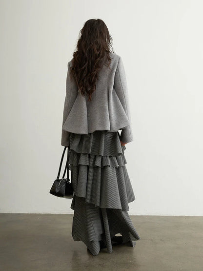 Spring Autumn Grey Striped Ruffled Asymmetrical Tiered Skirt Women Long Elegant Chic Luxury Designer Clothes Fashion