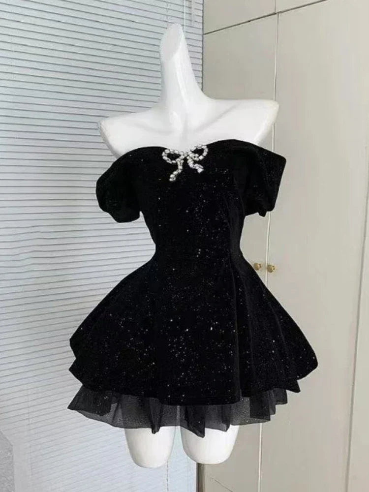 2025 Autumn Vintage Elegant Y2K Velvet Off Shoulder Dress Bow Bodycon Mini A-line Women Evening Party Subculture Lolita Formal