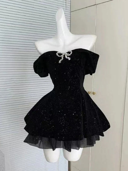 2025 Autumn Vintage Elegant Y2K Velvet Off Shoulder Dress Bow Bodycon Mini A-line Women Evening Party Subculture Lolita Formal