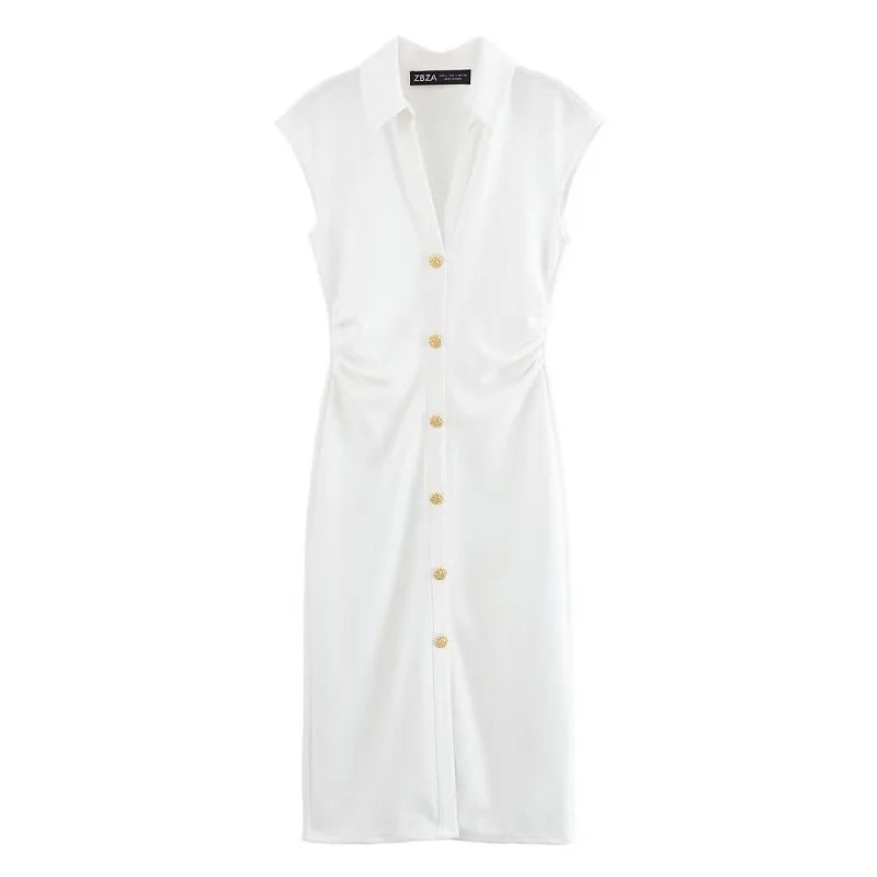 Pleated Midi Dresses for Women Sleeveless Shirt Dress Woman White Black Women's Summer Dress Draped Party Dress Women