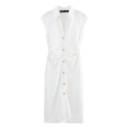 Pleated Midi Dresses for Women Sleeveless Shirt Dress Woman White Black Women's Summer Dress Draped Party Dress Women