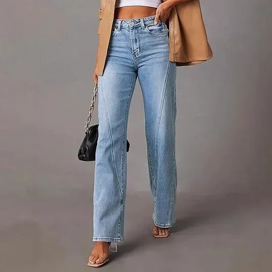 Calça Jeans Feminina Wide Leg Solta com Design de Costura