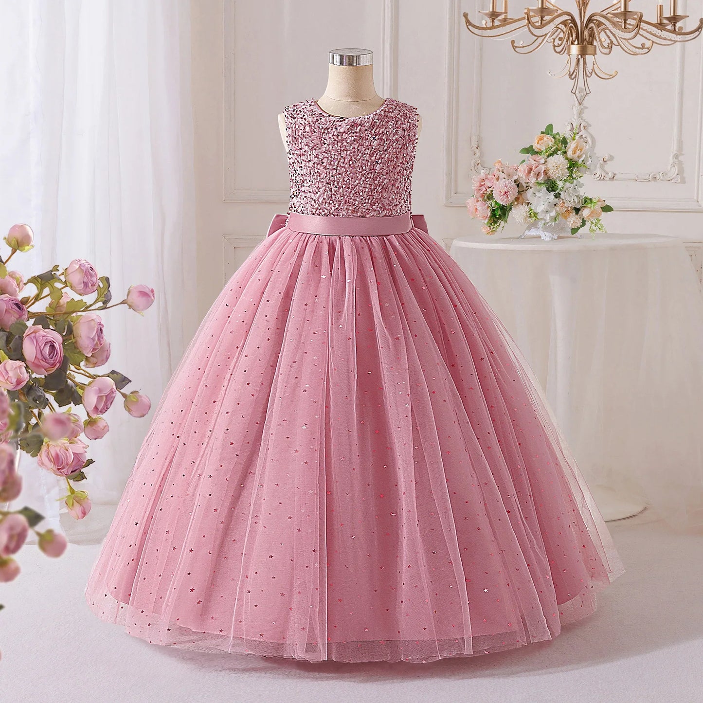 Vestidos de Festa de Daminha de Verão com Lantejoulas para Meninas Elegante Laço Vestido de Aniversário de Casamento para Meninas Baile de Formatura Gala Concurso Noite Roupa Infantil