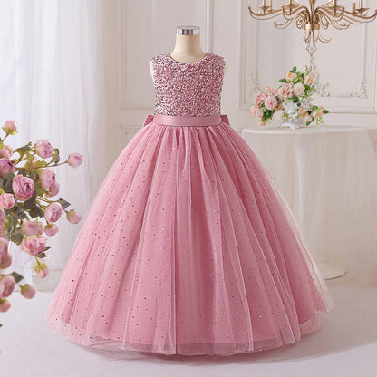 Vestidos de Festa de Daminha de Verão com Lantejoulas para Meninas Elegante Laço Vestido de Aniversário de Casamento para Meninas Baile de Formatura Gala Concurso Noite Roupa Infantil