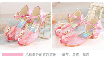 Children's Princess Shoes Summer New Girls' Performance High Heels Fashion Pearl Bow Baby Crystal Sandals
