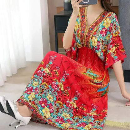 Flower V-neck Elastic Youthful Bohemian Sweet Midi Dress Woman Clothes Chic Fashion Summer Dresses 2025 Large Swing Ski