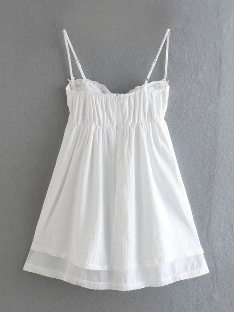 White Spliced Embroidery Lace Bra Corset style Mini Dress Women Backless Party Skater Short Sling Robe Holiday