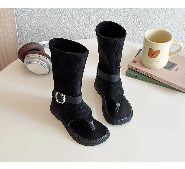 Summer Princess Long Pipe Boots Roman Sandals for Kids Girl Brand Design Ankle Strape Stretch-Satin Flip Flop Girls Shoes I06242