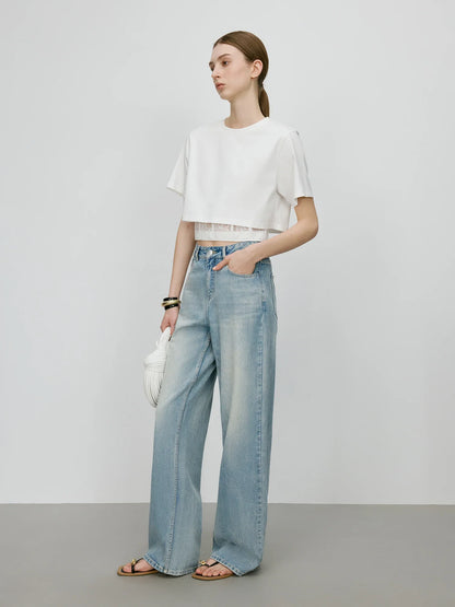 FSLE 【Série Premium】Camiseta Feminina Elegante com Renda e Cropped na Cintura Blusa Chique Chegada Nova de Verão 2025 25FE12023