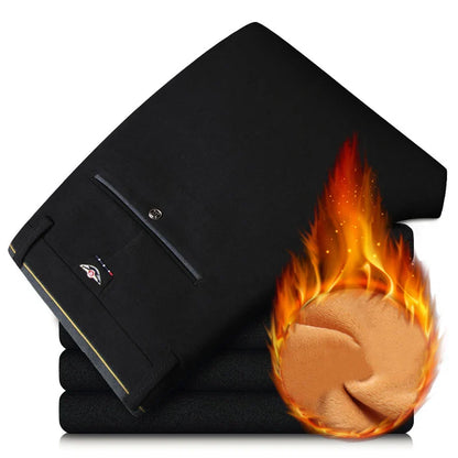 Winter New Classic Men's Fleece Casual Pants Thickened Straight Slim Warm Business Casual Office Male Velvet Trousers