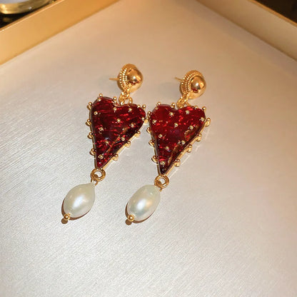 Charming Red Color Resin Love Heart Dangle Earrings for Women Baroque Freshwater Pearl Long Earring Wedding Party Jewelry