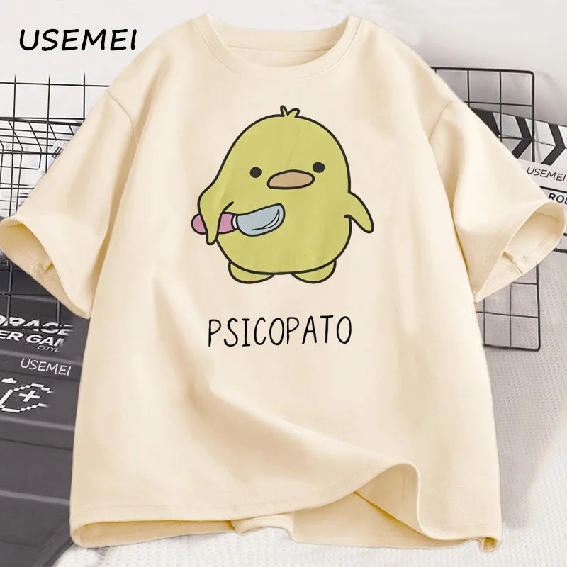 T Shirt Men Women Cute Duck with Knife Tshirt Casual Short Sleeve Cotton Printed Round Neck T-shirt Streetwear Loose