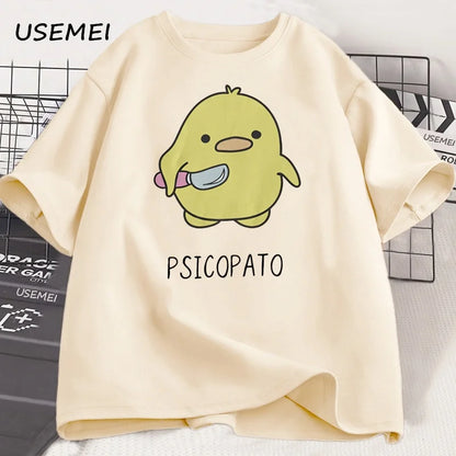 T Shirt Men Women Cute Duck with Knife Tshirt Casual Short Sleeve Cotton Printed Round Neck T-shirt Streetwear Loose