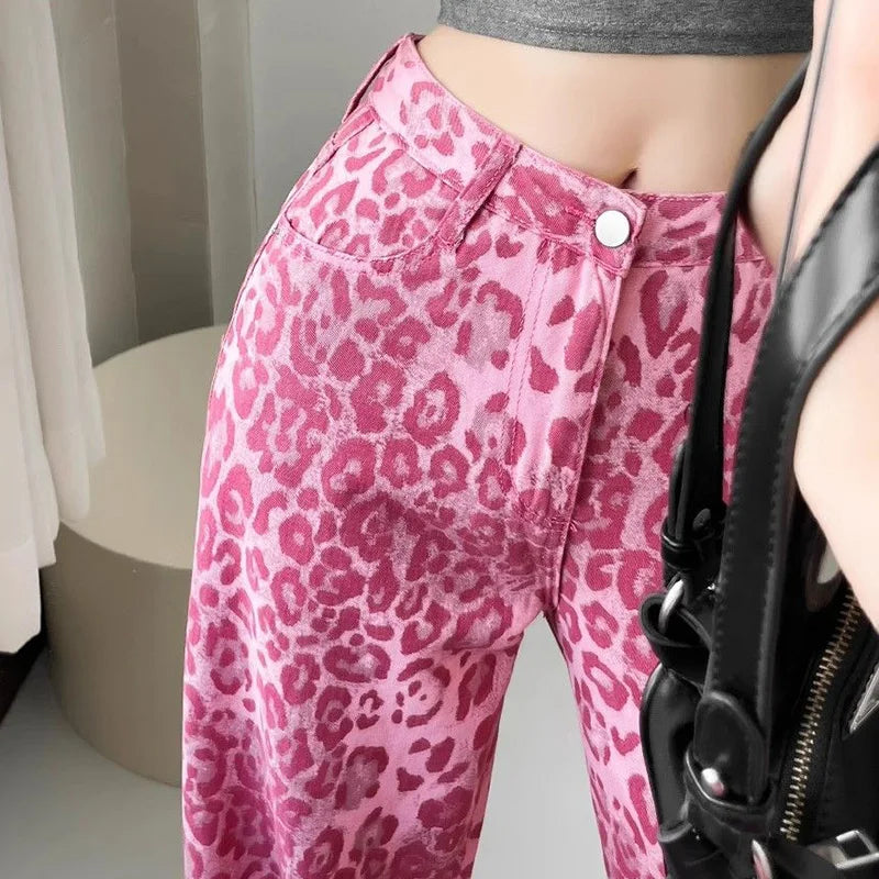Chic Pink Leopard Print Jeans Girls High Waist Straight Leg Pants