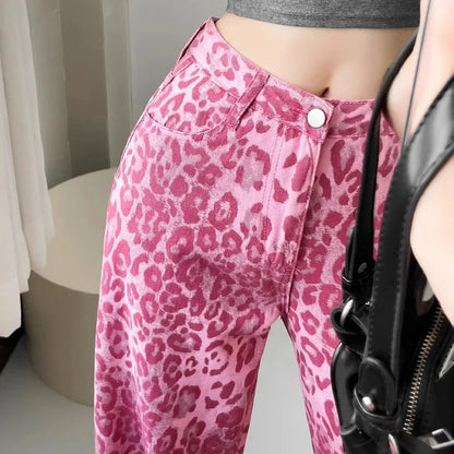 Chic Pink Leopard Print Jeans Girls High Waist Straight Leg Pants