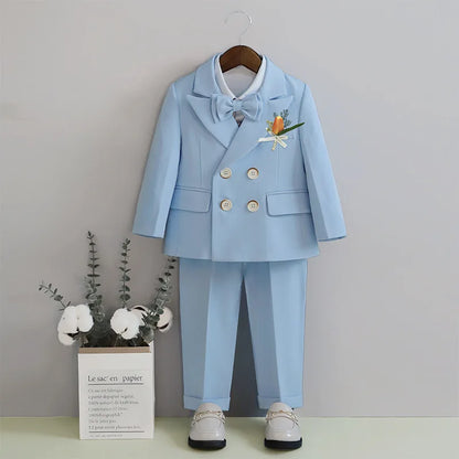 Smooth Tailored Weave Toddler Suit Set Jacket Pants Tie Kids Elegant Stage Tuxedo Young Musician Waist Adjustable 3-14 Yrs Suits