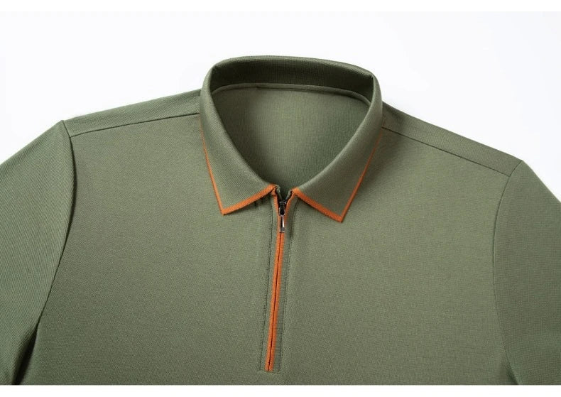 Men's Silk Zipper Polo Shirt Short Sleeve Mulberry T-Shirt Metal Zipper, Stand Collar Luxury Casual Summer Top Cotton&Linen Tee