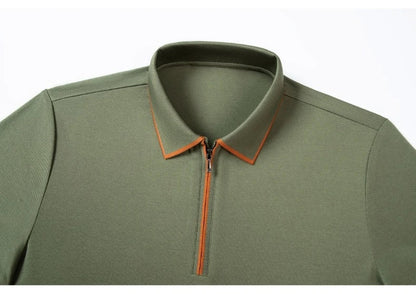 Men's Silk Zipper Polo Shirt Short Sleeve Mulberry T-Shirt Metal Zipper, Stand Collar Luxury Casual Summer Top Cotton&Linen Tee
