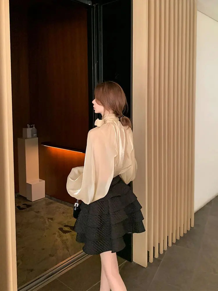 Spring Autumn Women Fashion Tops New Shirts Lantern Sleeve Stand Collar Solid Casual Vintage Elegant Temperament Long-Sleeved