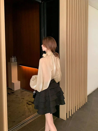Spring Autumn Women Fashion Tops New Shirts Lantern Sleeve Stand Collar Solid Casual Vintage Elegant Temperament Long-Sleeved