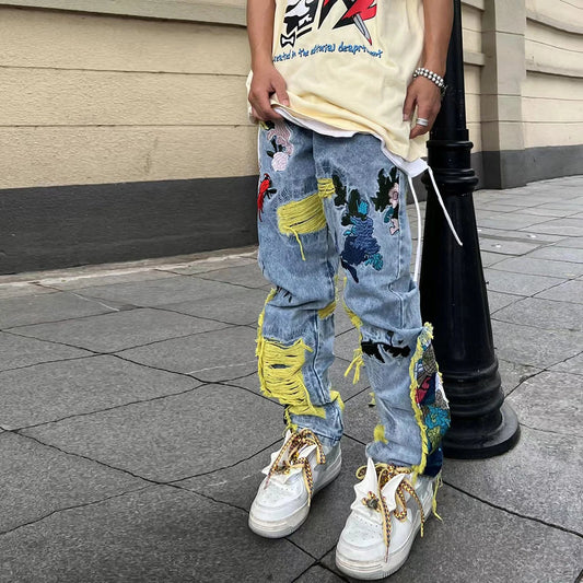 Chinese Painting Embroidered Patch Denim Ripped Jeans for Men Streetwear Pleated Tassels Distressed Destroyed Jean Straight Male
