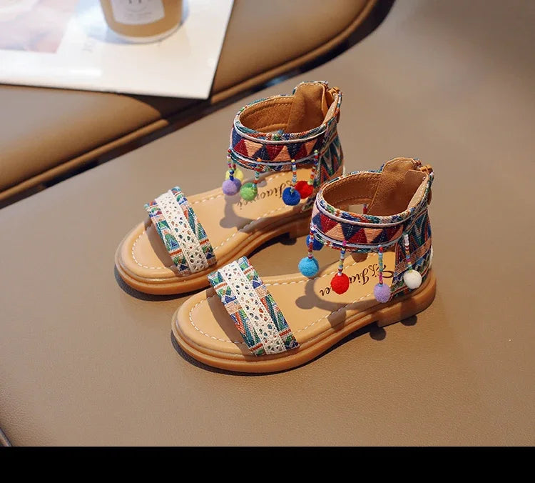 Ethnic Style Simple Children Roman Shoes 2024New Soft Breatheable Flats Open-toe Kids Shoes Non-slip Girls Sandals GLADIATOR