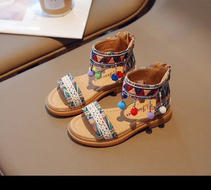 Ethnic Style Simple Children Roman Shoes 2024New Soft Breatheable Flats Open-toe Kids Shoes Non-slip Girls Sandals GLADIATOR