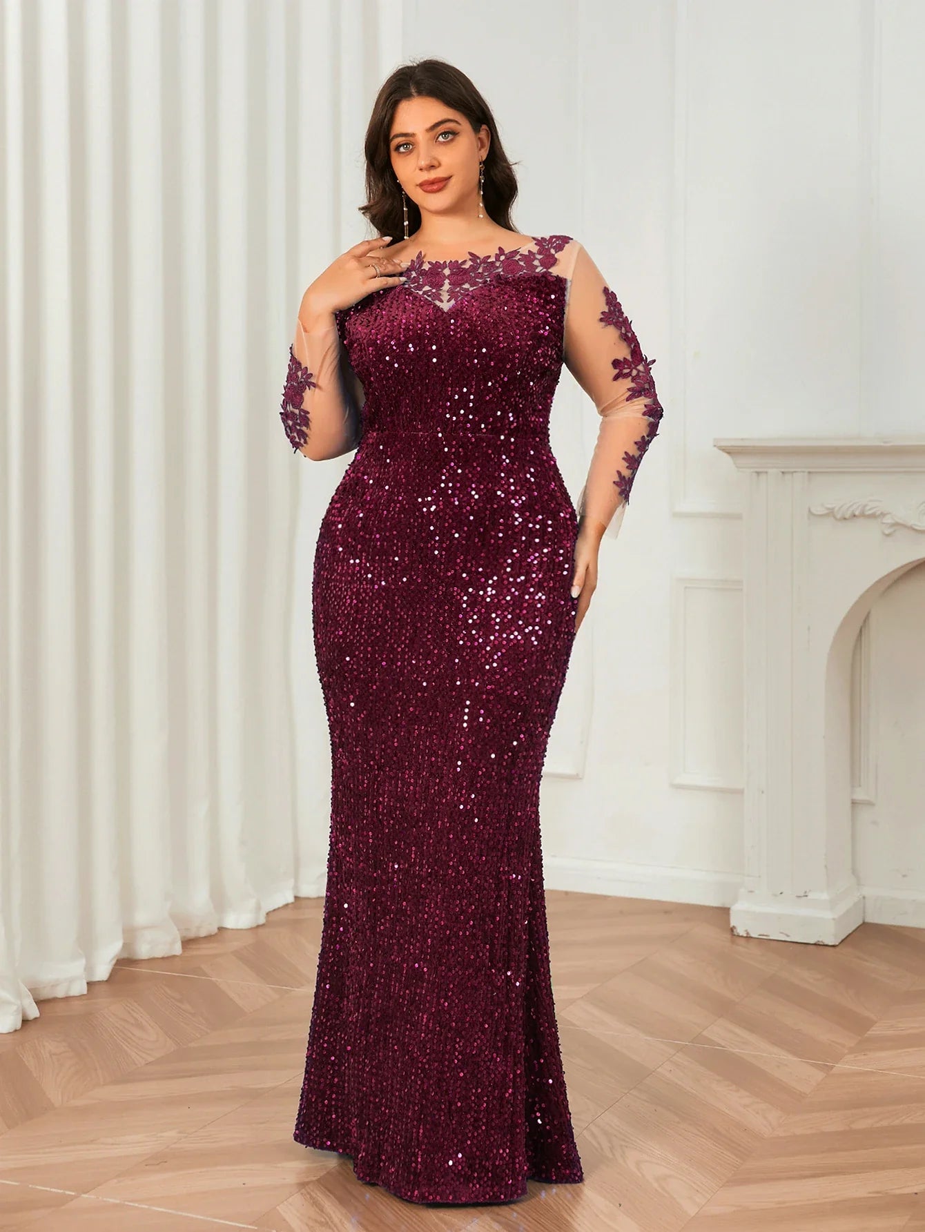 O Neck Curve Long Sequined Velvet Lace Evening Dress Prom Gown Floor Length Backless Maxi Dresses