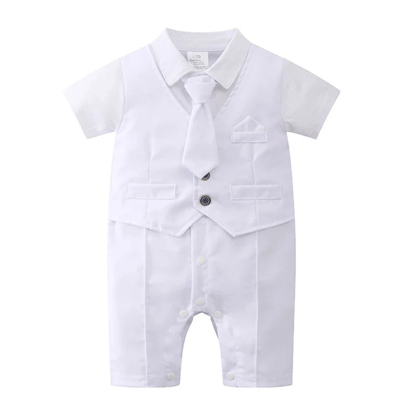 3-24 Months Infant Baptism Outfit Baby Boys Formal Suit Summer Gentleman Costume White Romper Tie Newborn Suits Birthday Dress