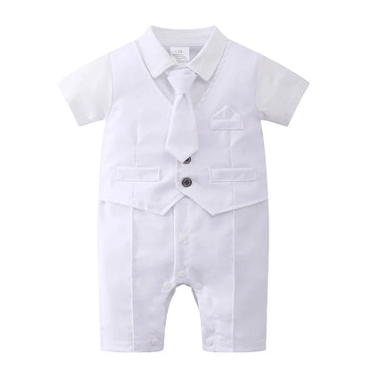 3-24 Months Infant Baptism Outfit Baby Boys Formal Suit Summer Gentleman Costume White Romper Tie Newborn Suits Birthday Dress