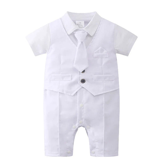 3-24 Months Infant Baptism Outfit Baby Boys Formal Suit Summer Gentleman Costume White Romper Tie Newborn Suits Birthday Dress