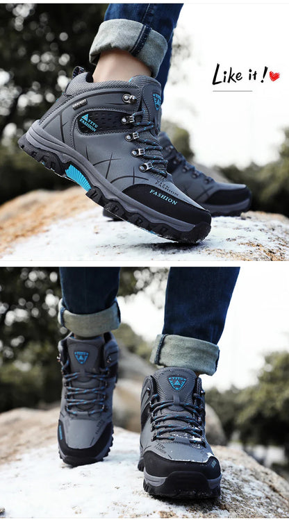 Winter Warm Cotton Shoes Men Outdoor Leather Black Casual Shoes Fur Sneakers High Top Rubber Ankle Boots Male Hiking Trekking 46