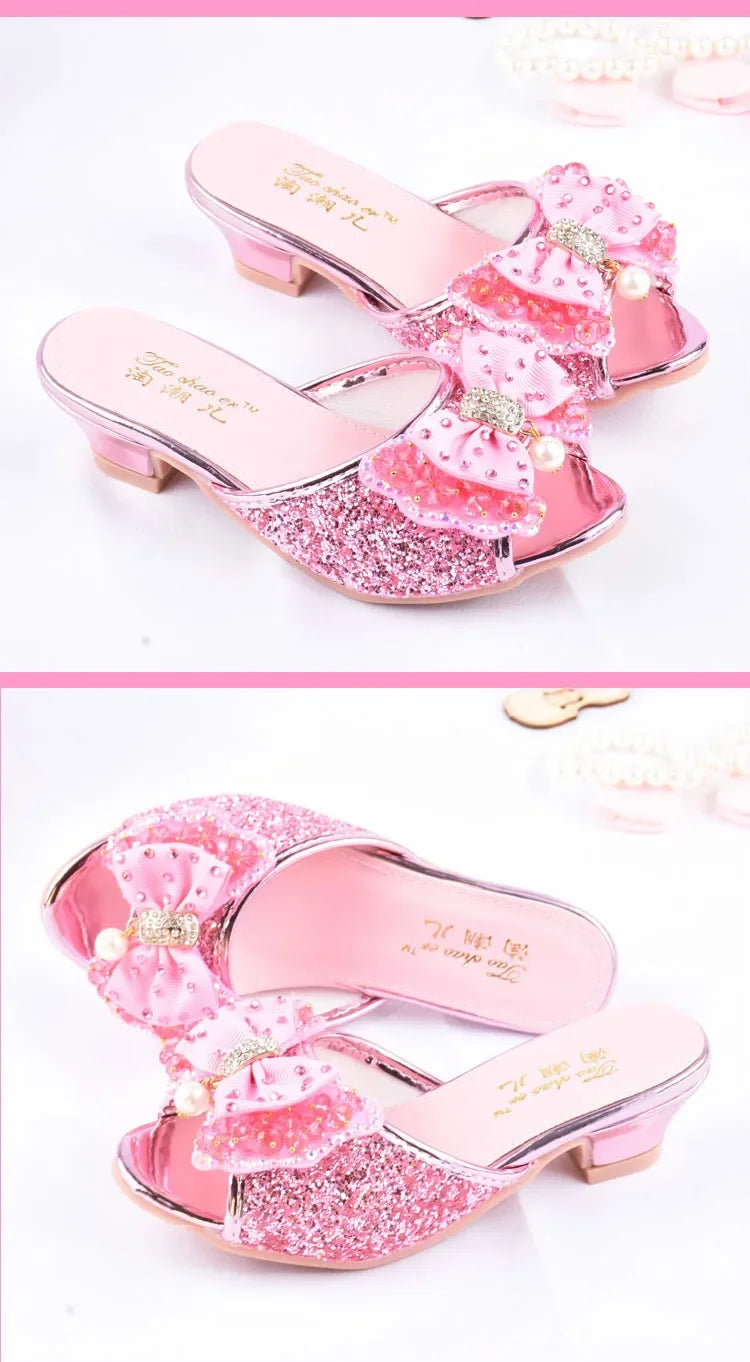 Girls Summer Sandals Slipper Sequined Princesse Children High Heel Party Dress Shoes Leather Slipper For Kids Slides