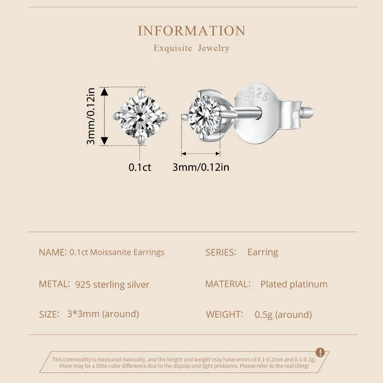 U Moissanite Earrings Shinning 4 Prongs Ear Stud 925 Sterling Silver D Color for Women Wedding Anniversary Fine Jewelry