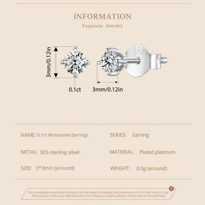 U Moissanite Earrings Shinning 4 Prongs Ear Stud 925 Sterling Silver D Color for Women Wedding Anniversary Fine Jewelry
