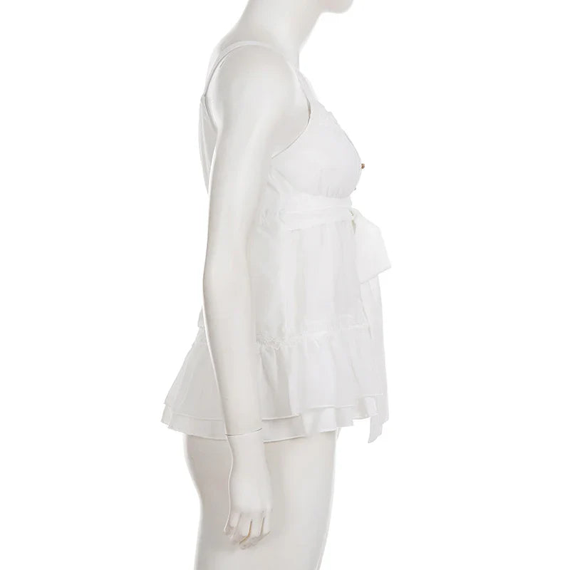 Sweet Lace Patchwork Bandage Ruffles Trim A-Tops Women's Solid Sheer Button Front Squre Neck Camisole All Match Vest