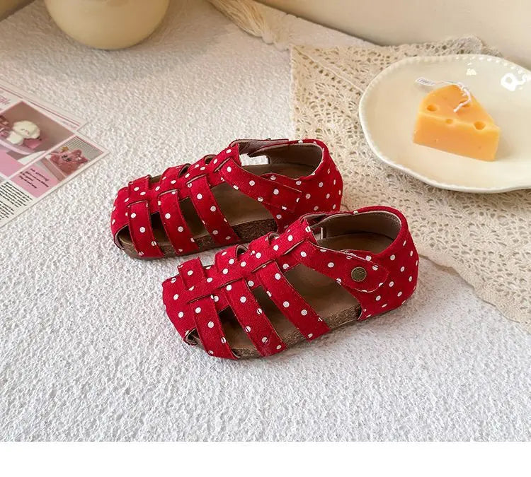 All Over Print Polka Dot Children Sandals for Girls Suede Leather Summer Students Holiday Shoes Girl Daily Shoes Cut-outs I05103