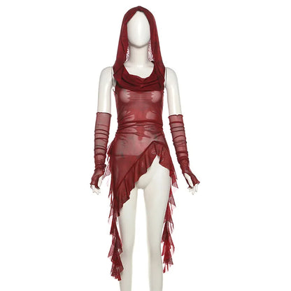 Streetwear 90s Grunge Mesh See Through Hooded Tops Cyber Y2K Irregular Hem Ruffles Hoodie Women Slim Blouse with Cuffs