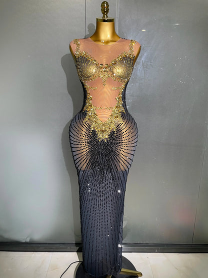 Sexy Sparkly Rhinestones Sleeveless Long Dress 2025 New Women Birthday Celebrate Evening Photo Shoot Stage Performance Costume