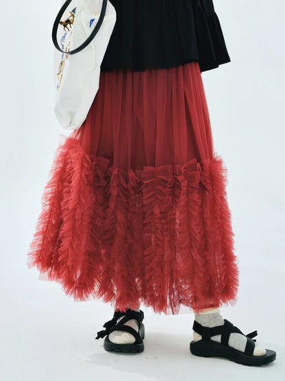 Women's Light Purple Tulle Midi Skirt with Ruffled Hem Elastic Waist Casual Fairy Style Summer  Flowy A-Line Skir 255106