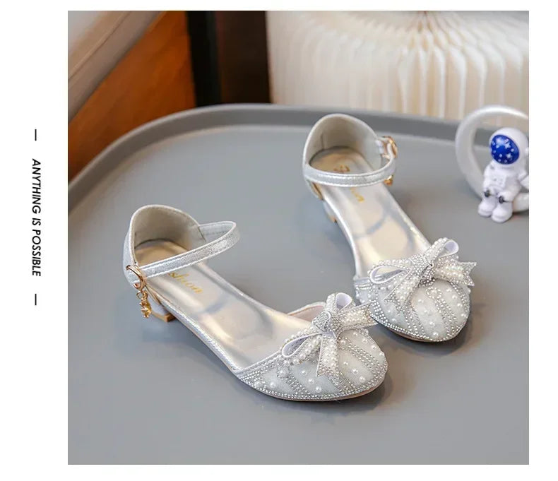 Girls' Bow Sandals Fashion Princess Shoes for Party Wedding 2025 Summer New Kids Rhinestone High Heels Children's Leather Shoes